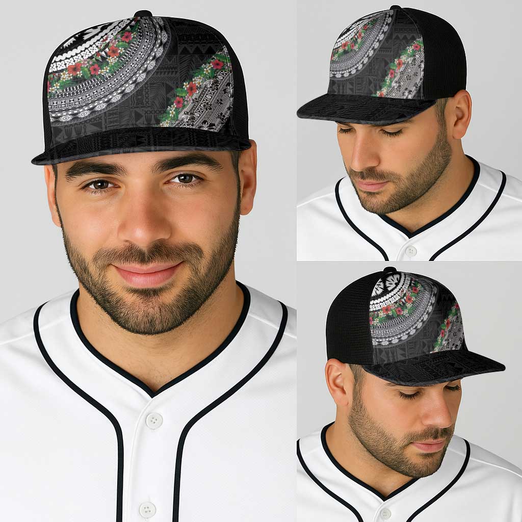 Fiji Hibiscus Baseball Net Cap Tapa Masi Motifs with Tropical Plants