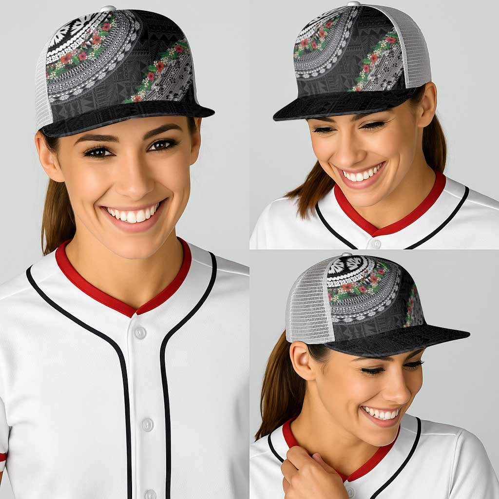 Fiji Hibiscus Baseball Net Cap Tapa Masi Motifs with Tropical Plants