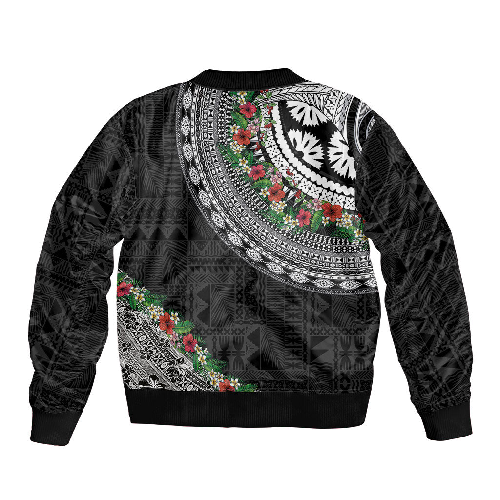 Fiji Hibiscus Bomber Jacket Tapa Masi Motifs with Tropical Plants