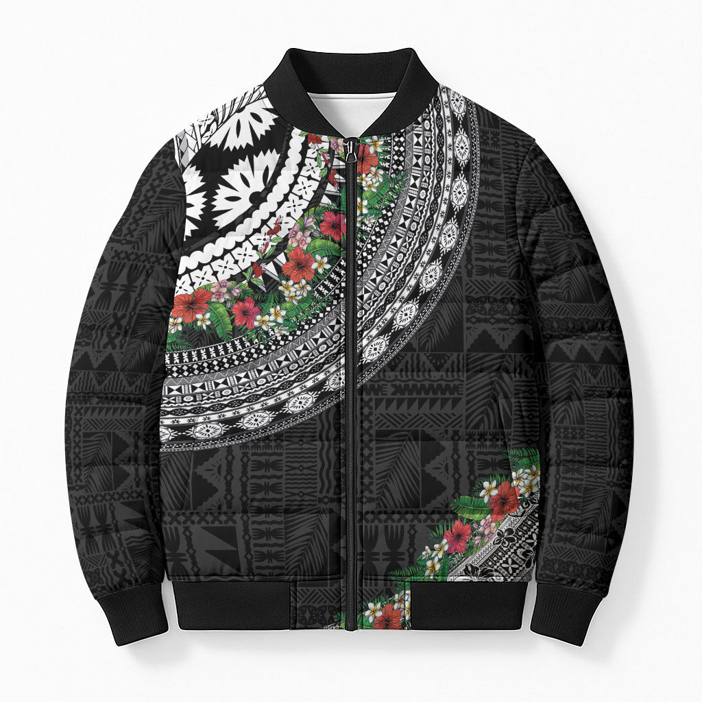 Fiji Hibiscus Bomber Puffer Jacket Tapa Masi Motifs with Tropical Plants LT03 Unisex Black - Polynesian Pride
