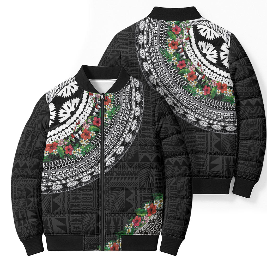 Fiji Hibiscus Bomber Puffer Jacket Tapa Masi Motifs with Tropical Plants