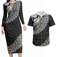 Fiji Hibiscus Couples Matching Long Sleeve Bodycon Dress and Hawaiian Shirt Tapa Masi Motifs with Tropical Plants LT03 Black - Polynesian Pride
