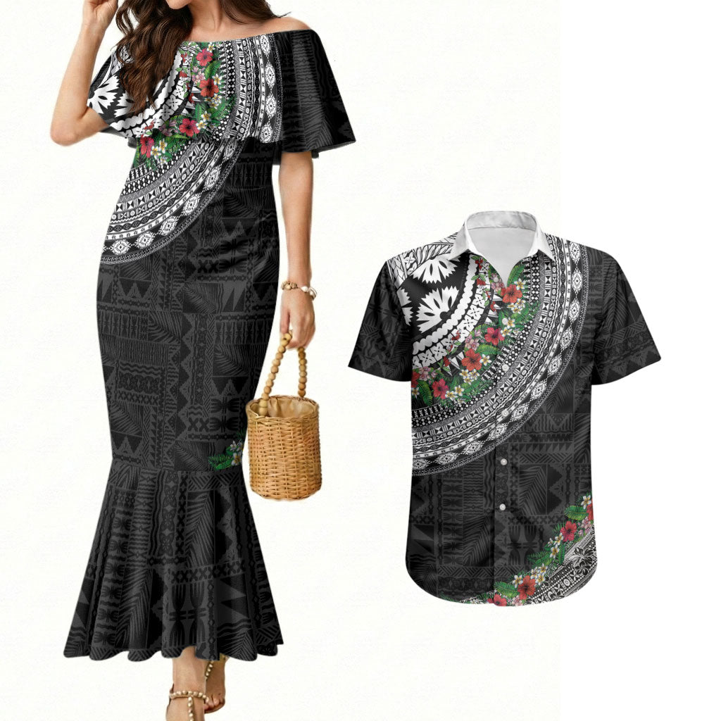 Fiji Hibiscus Couples Matching Mermaid Dress and Hawaiian Shirt Tapa Masi Motifs with Tropical Plants LT03 Black - Polynesian Pride