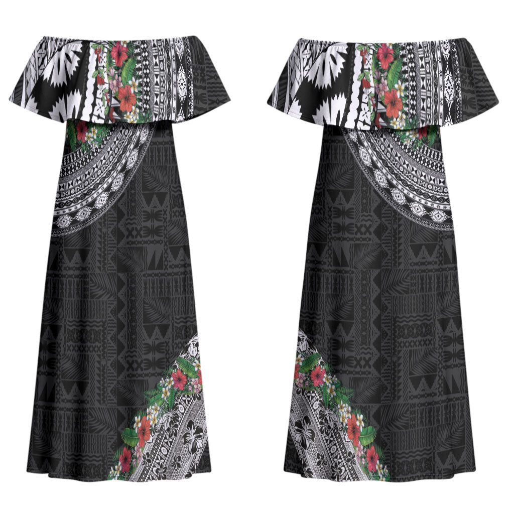 Fiji Hibiscus Couples Matching Off Shoulder Maxi Dress and Long Sleeve Button Shirt Tapa Masi Motifs with Tropical Plants
