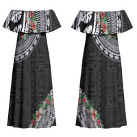 Fiji Hibiscus Couples Matching Off Shoulder Maxi Dress and Long Sleeve Button Shirt Tapa Masi Motifs with Tropical Plants