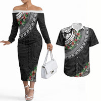 Fiji Hibiscus Couples Matching Off The Shoulder Long Sleeve Dress and Hawaiian Shirt Tapa Masi Motifs with Tropical Plants LT03 Black - Polynesian Pride