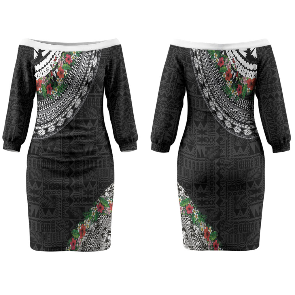 Fiji Hibiscus Couples Matching Off The Shoulder Long Sleeve Dress and Hawaiian Shirt Tapa Masi Motifs with Tropical Plants LT03 - Polynesian Pride