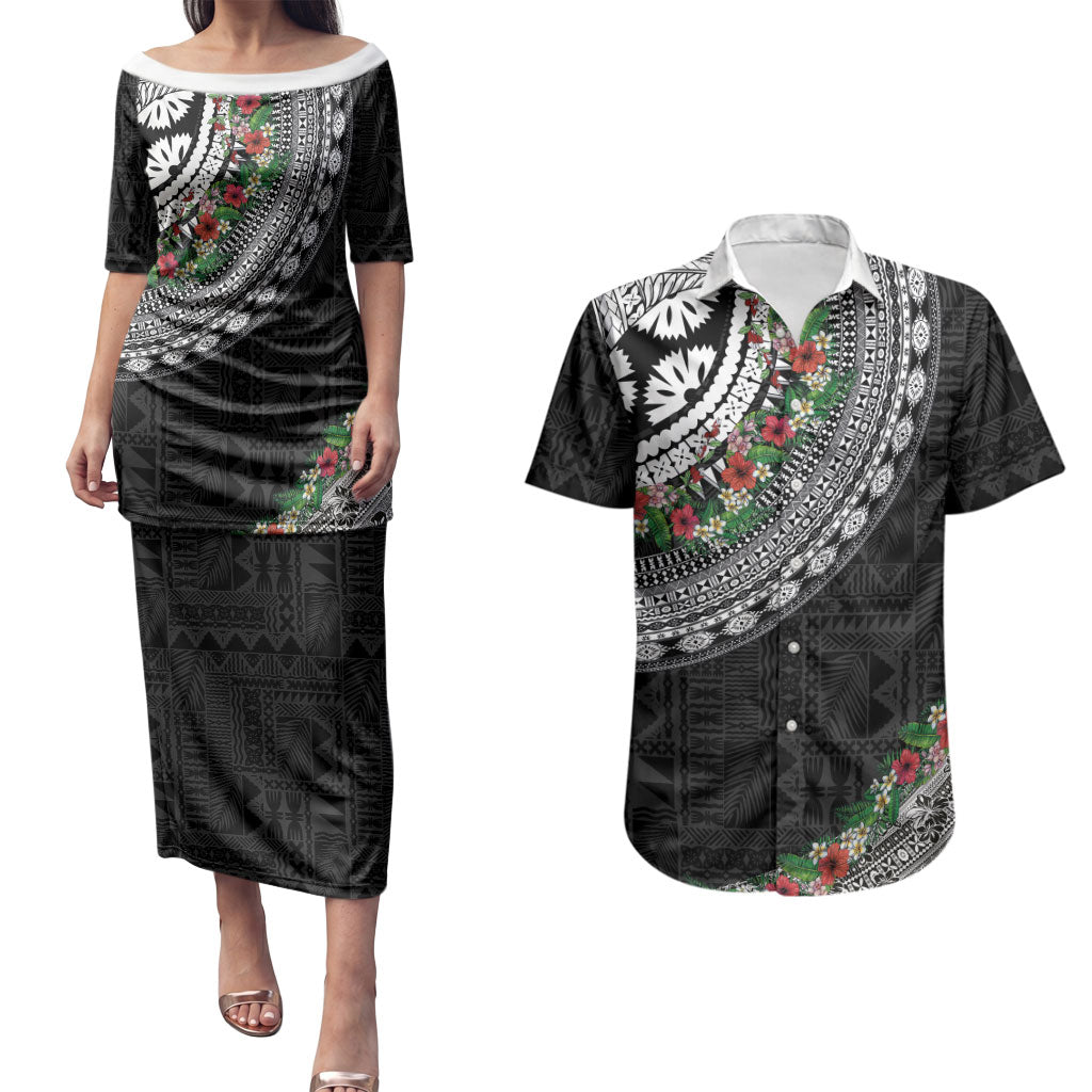 Fiji Hibiscus Couples Matching Puletasi and Hawaiian Shirt Tapa Masi Motifs with Tropical Plants LT03 Black - Polynesian Pride