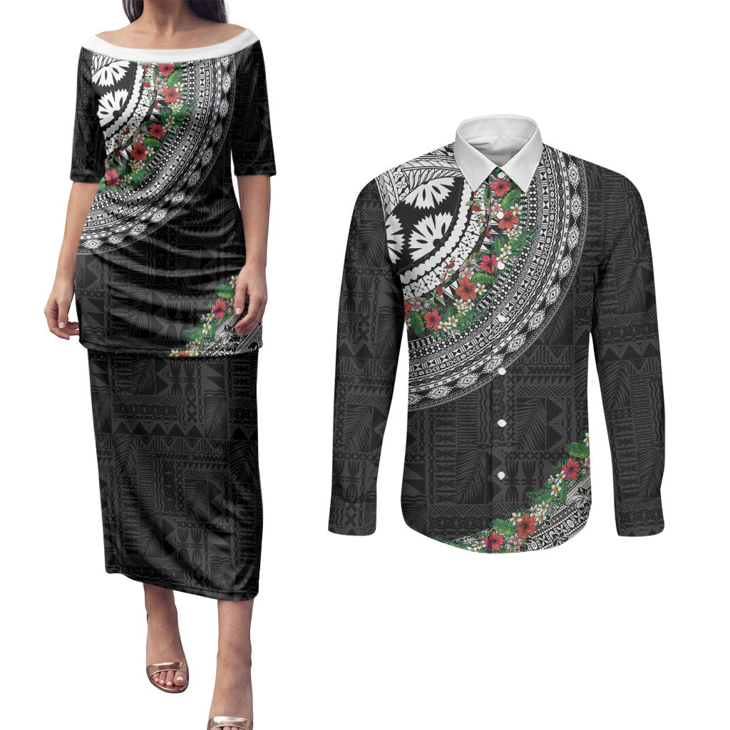 Fiji Hibiscus Couples Matching Puletasi and Long Sleeve Button Shirt Tapa Masi Motifs with Tropical Plants