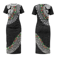 Fiji Hibiscus Couples Matching Short Sleeve Bodycon Dress and Hawaiian Shirt Tapa Masi Motifs with Tropical Plants LT03 - Polynesian Pride