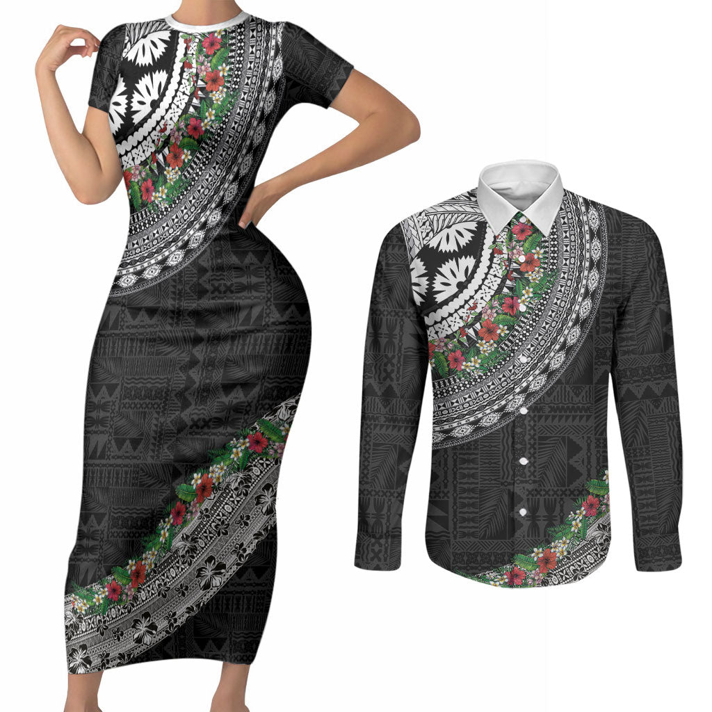 Fiji Hibiscus Couples Matching Short Sleeve Bodycon Dress and Long Sleeve Button Shirt Tapa Masi Motifs with Tropical Plants