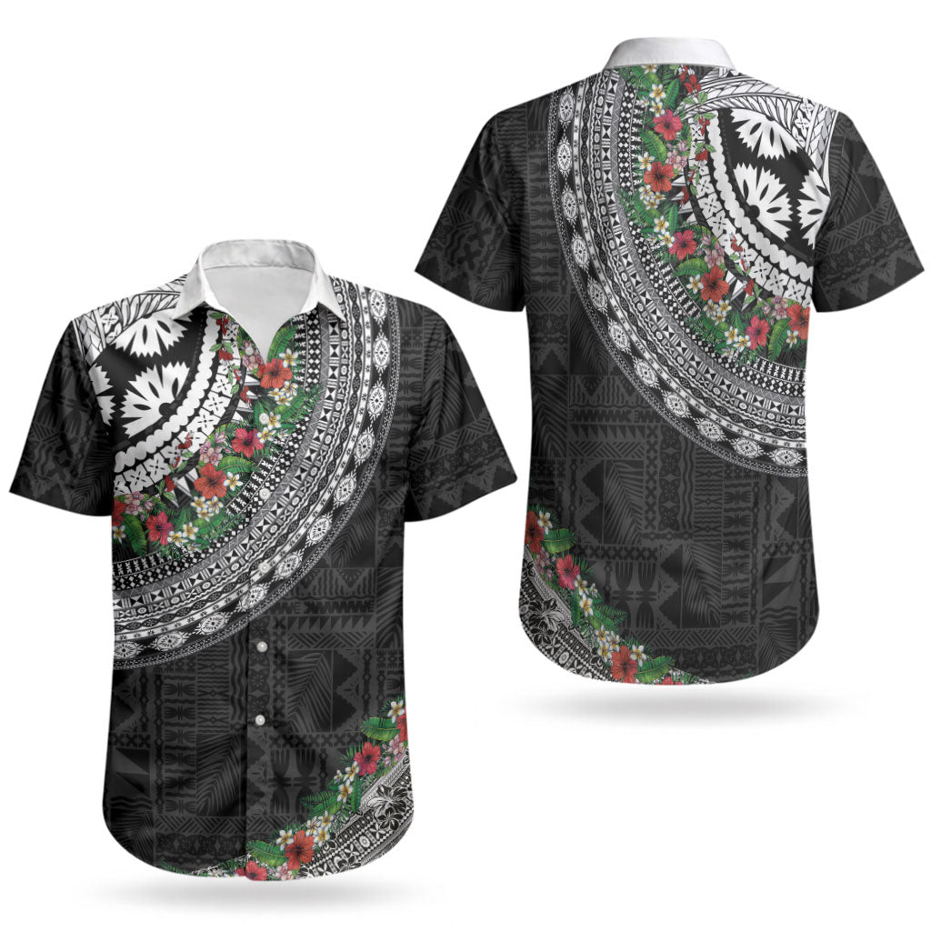 Fiji Hibiscus Couples Matching Tank Maxi Dress and Hawaiian Shirt Tapa Masi Motifs with Tropical Plants LT03 - Polynesian Pride