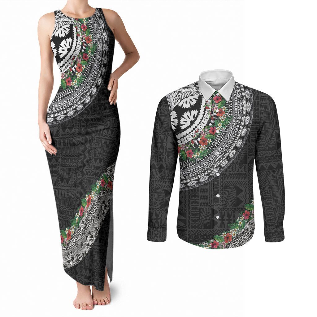 Fiji Hibiscus Couples Matching Tank Maxi Dress and Long Sleeve Button Shirt Tapa Masi Motifs with Tropical Plants LT03 Black - Polynesian Pride