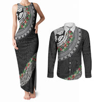 Fiji Hibiscus Couples Matching Tank Maxi Dress and Long Sleeve Button Shirt Tapa Masi Motifs with Tropical Plants LT03 Black - Polynesian Pride