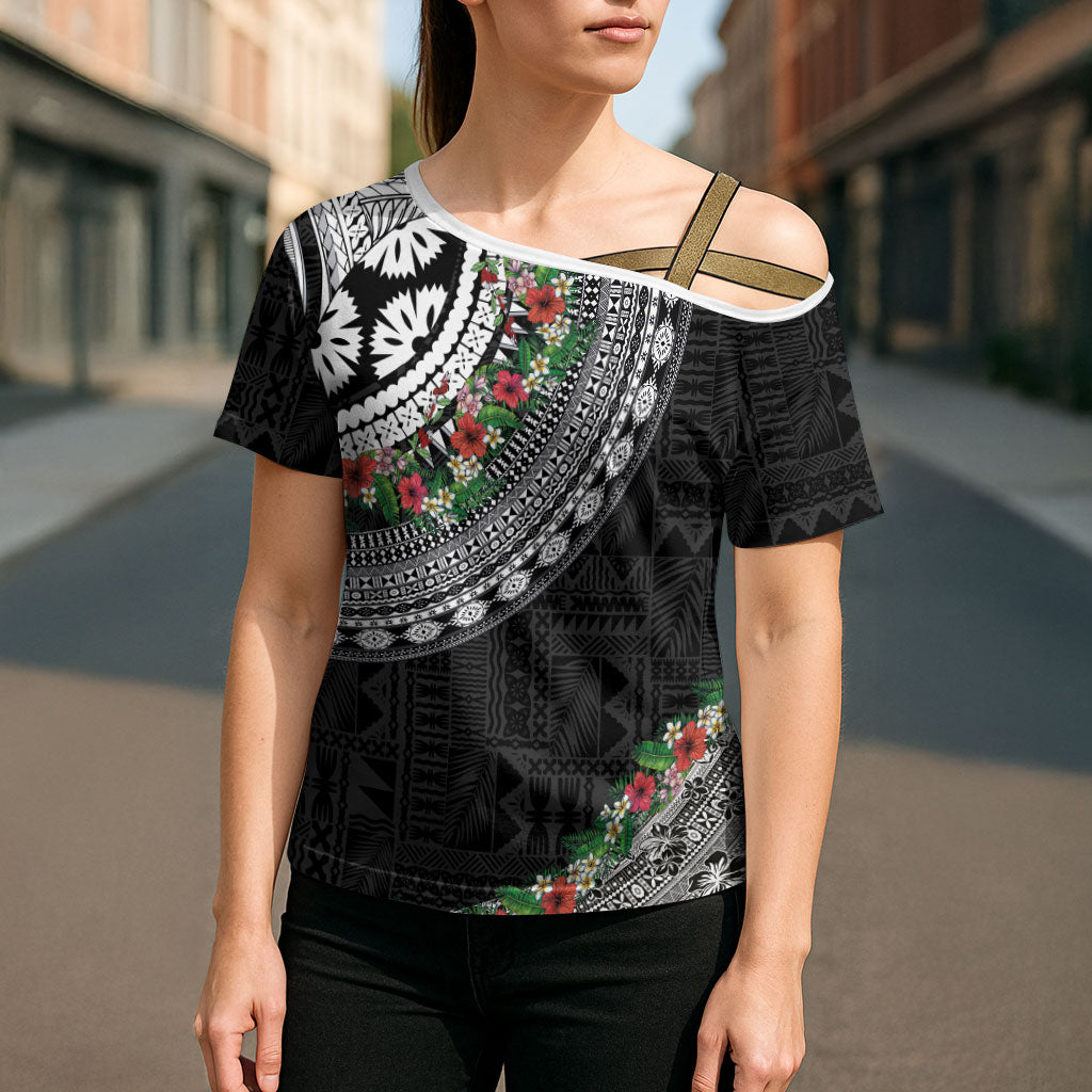 Fiji Hibiscus Cross Shoulder Shirt Tapa Masi Motifs with Tropical Plants