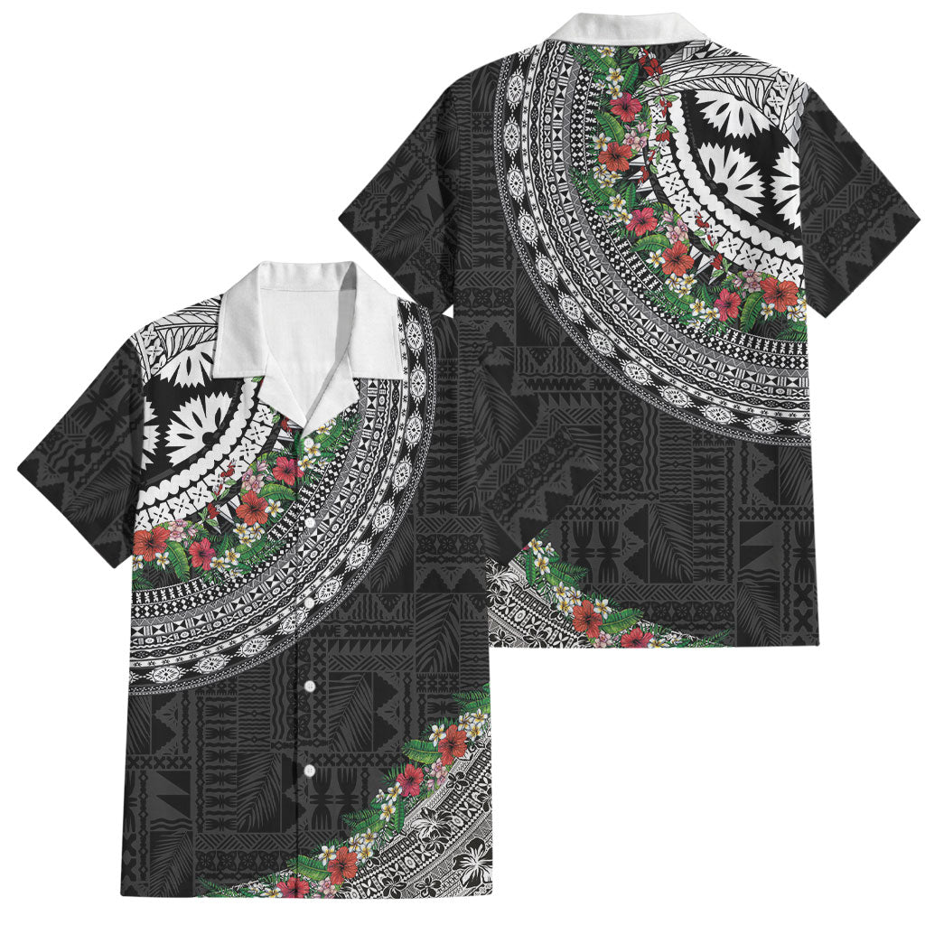Fiji Hibiscus Family Matching Long Sleeve Bodycon Dress and Hawaiian Shirt Tapa Masi Motifs with Tropical Plants LT03 Dad's Shirt - Short Sleeve Black - Polynesian Pride