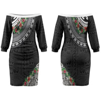 Fiji Hibiscus Family Matching Off The Shoulder Long Sleeve Dress and Hawaiian Shirt Tapa Masi Motifs with Tropical Plants LT03 Mom's Dress Black - Polynesian Pride