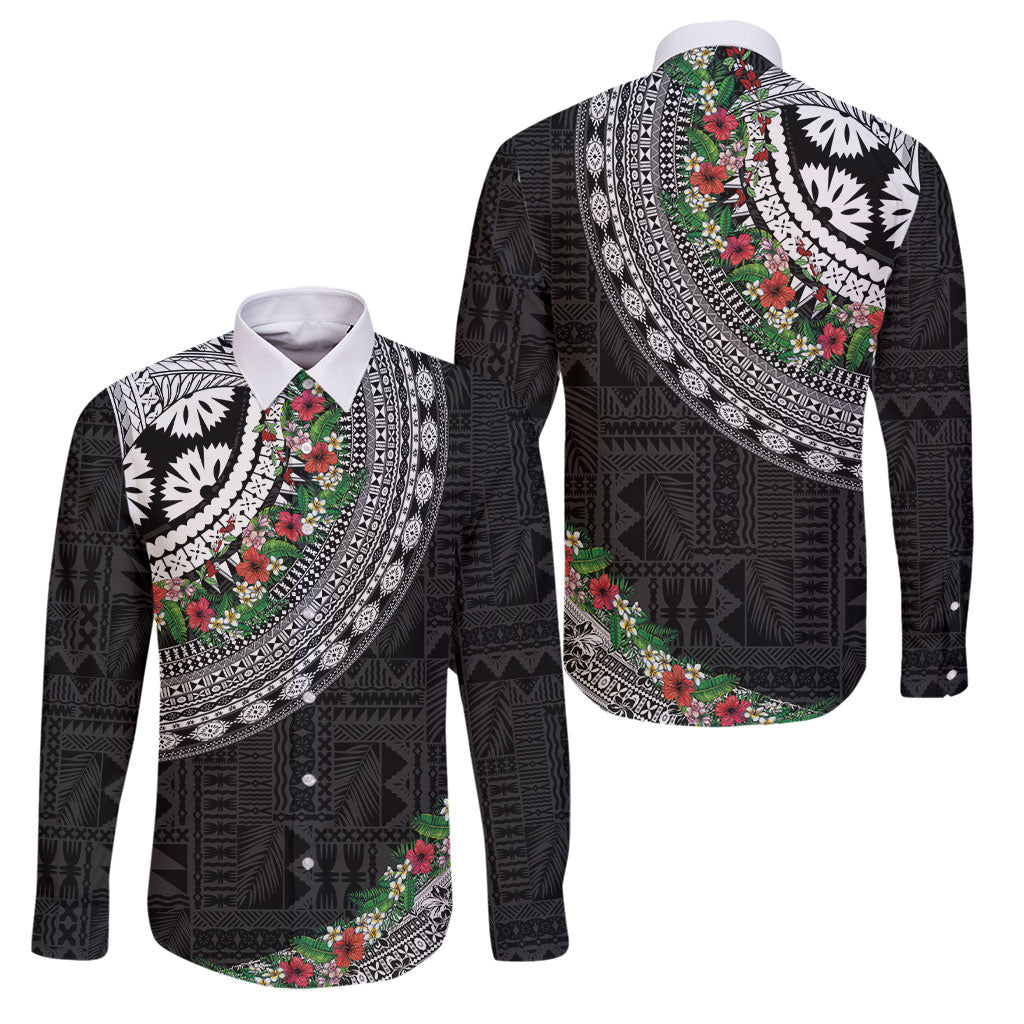 Fiji Hibiscus Family Matching Off The Shoulder Long Sleeve Dress and Hawaiian Shirt Tapa Masi Motifs with Tropical Plants LT03 Dad's Shirt - Long Sleeve Black - Polynesian Pride