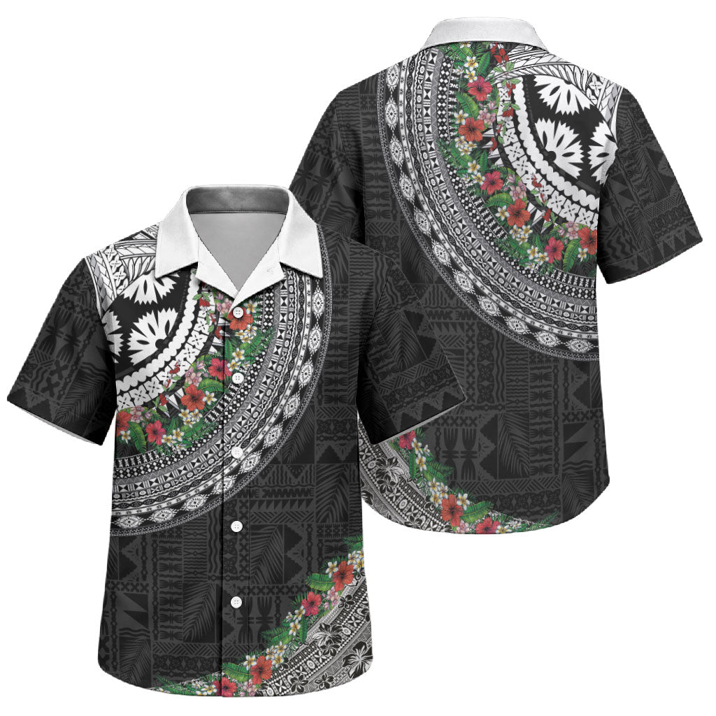 Fiji Hibiscus Family Matching Off Shoulder Short Dress and Hawaiian Shirt Tapa Masi Motifs with Tropical Plants