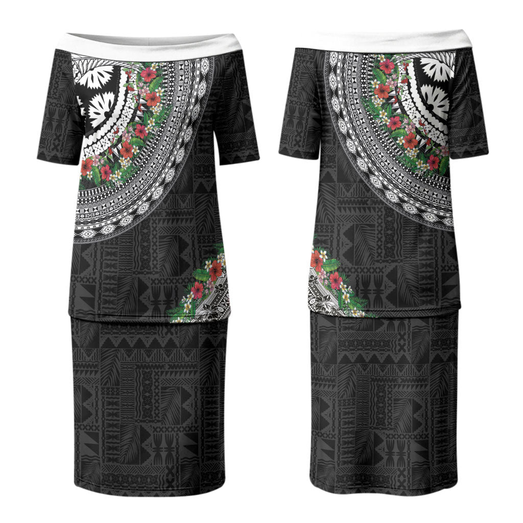 Fiji Hibiscus Family Matching Puletasi and Hawaiian Shirt Tapa Masi Motifs with Tropical Plants LT03 Mom's Dress Black - Polynesian Pride