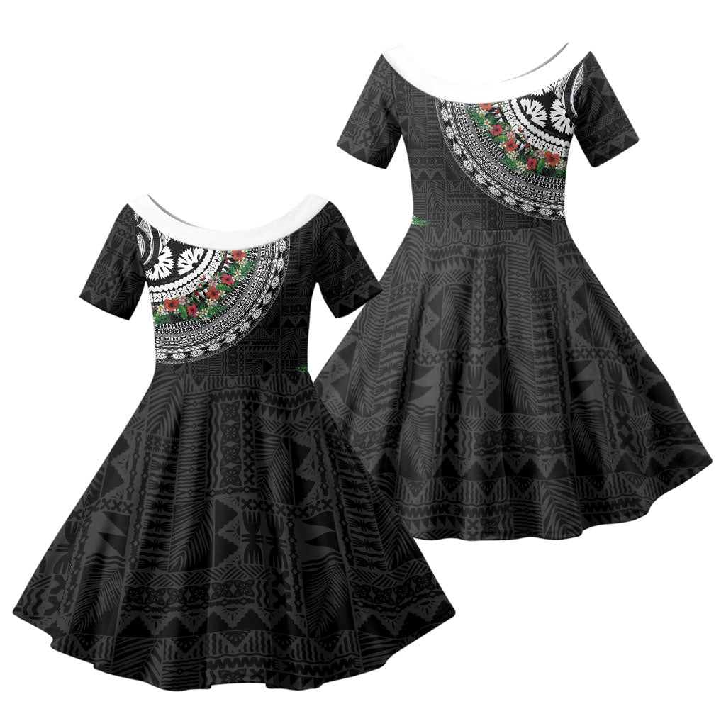 Fiji Hibiscus Family Matching Short Sleeve Bodycon Dress and Hawaiian Shirt Tapa Masi Motifs with Tropical Plants LT03 Daughter's Dress Black - Polynesian Pride