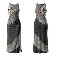 Fiji Hibiscus Family Matching Tank Maxi Dress and Hawaiian Shirt Tapa Masi Motifs with Tropical Plants LT03 Mom's Dress Black - Polynesian Pride