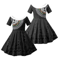 Fiji Hibiscus Family Matching Tank Maxi Dress and Hawaiian Shirt Tapa Masi Motifs with Tropical Plants LT03 Daughter's Dress Black - Polynesian Pride