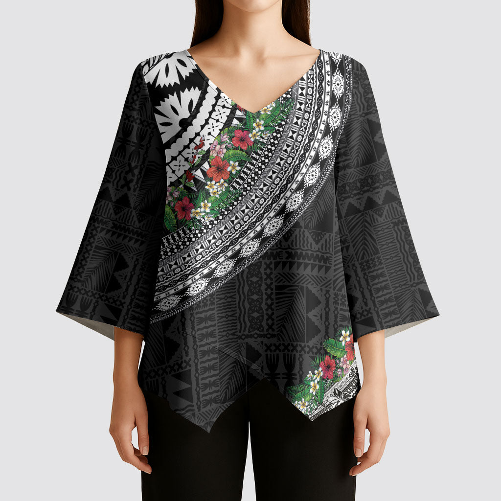 Fiji Hibiscus Kimono Sleeve Blouse Tapa Masi Motifs with Tropical Plants