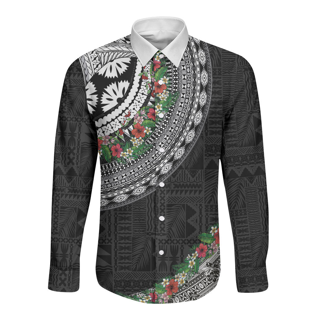 Fiji Hibiscus Long Sleeve Button Shirt Tapa Masi Motifs with Tropical Plants