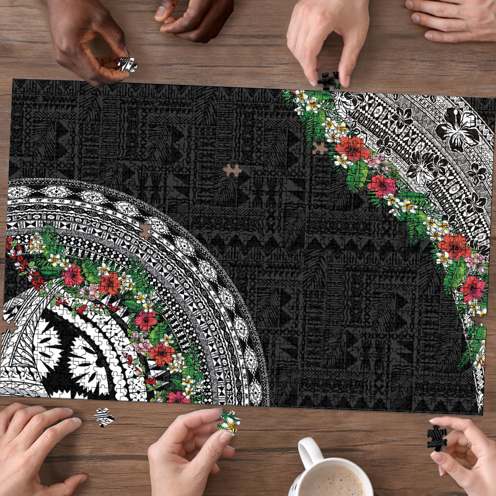 Fiji Hibiscus Puzzle Tapa Masi Motifs with Tropical Plants