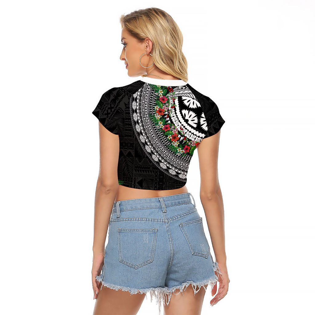 Fiji Hibiscus Raglan Cropped T Shirt Tapa Masi Motifs with Tropical Plants