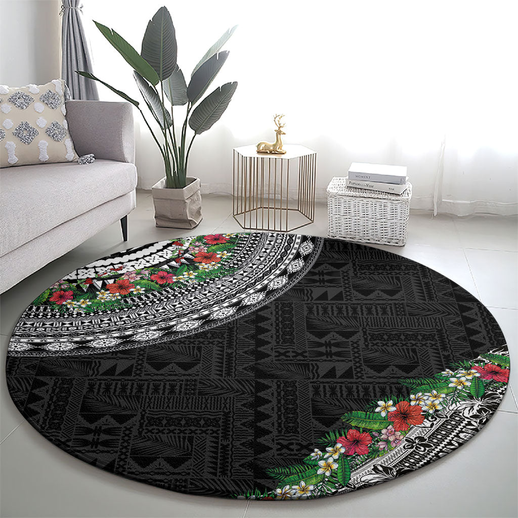 Fiji Hibiscus Round Carpet Tapa Masi Motifs with Tropical Plants
