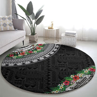 Fiji Hibiscus Round Carpet Tapa Masi Motifs with Tropical Plants