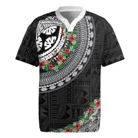 Fiji Hibiscus Rugby Jersey Tapa Masi Motifs with Tropical Plants LT03 Black - Polynesian Pride