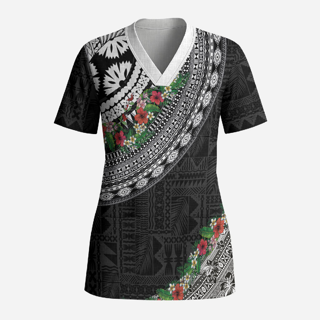 Fiji Hibiscus Scrub Top Tapa Masi Motifs with Tropical Plants