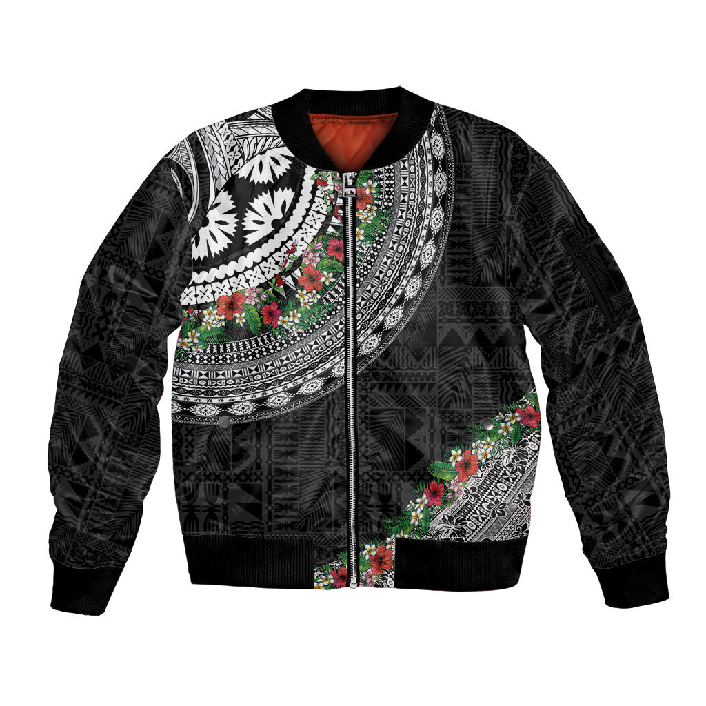 Fiji Hibiscus Sleeve Zip Bomber Jacket Tapa Masi Motifs with Tropical Plants