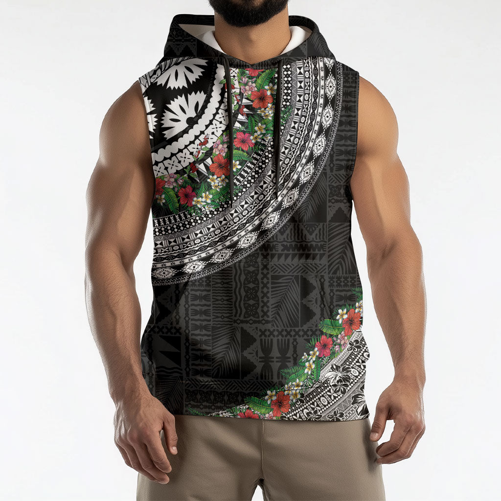 Fiji Hibiscus Sleeveless Hoodie Tapa Masi Motifs with Tropical Plants