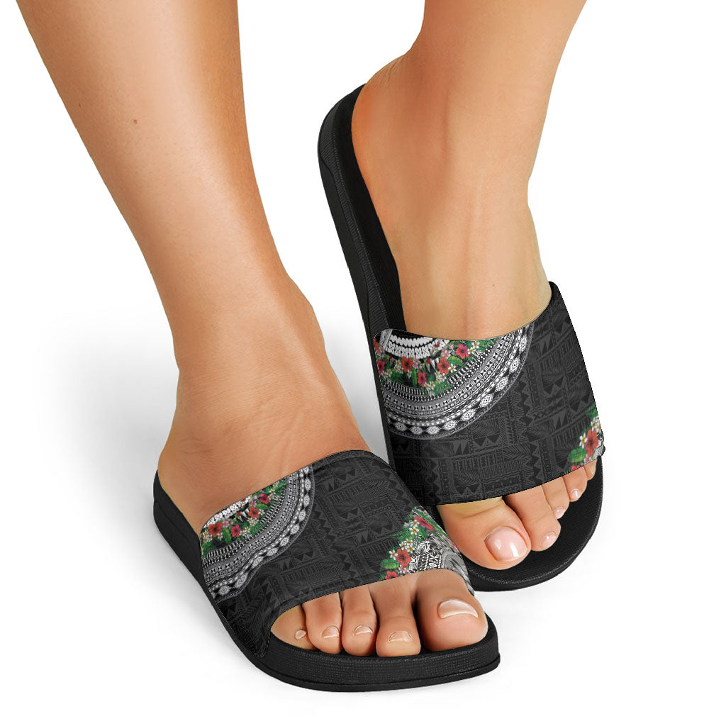 Fiji Hibiscus Slide Sandals Tapa Masi Motifs with Tropical Plants