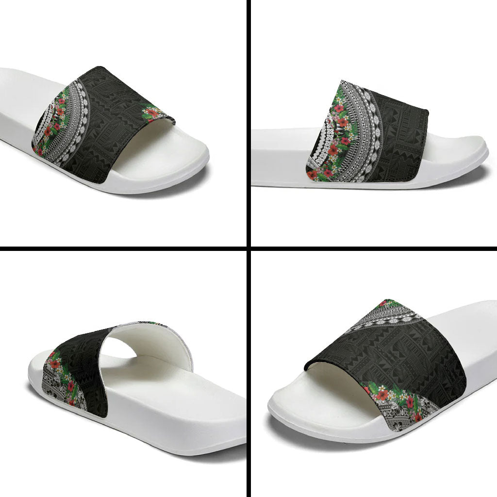 Fiji Hibiscus Slide Sandals Tapa Masi Motifs with Tropical Plants