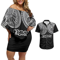 Samoa Traditional Tattoo Couples Matching Off Shoulder Short Dress and Hawaiian Shirt Tribal Tatau Pattern