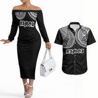 Samoa Traditional Tattoo Couples Matching Off The Shoulder Long Sleeve Dress and Hawaiian Shirt Tribal Tatau Pattern