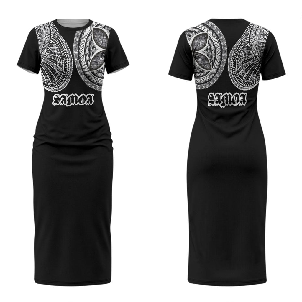 Samoa Traditional Tattoo Couples Matching Short Sleeve Bodycon Dress and Long Sleeve Button Shirt Tribal Tatau Pattern