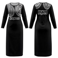 Samoa Traditional Tattoo Family Matching Long Sleeve Bodycon Dress and Hawaiian Shirt Tribal Tatau Pattern LT03 Mom's Dress Black - Polynesian Pride