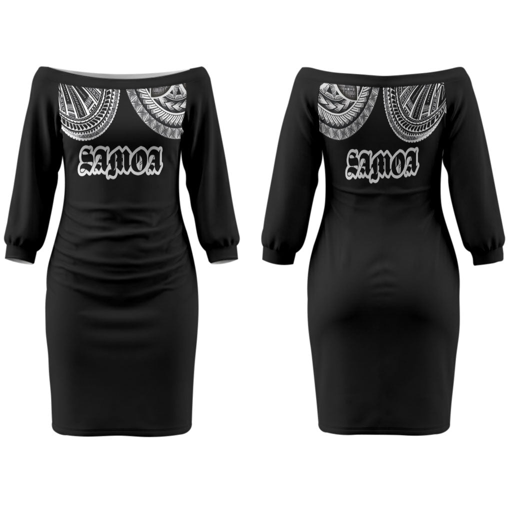 Samoa Traditional Tattoo Family Matching Off The Shoulder Long Sleeve Dress and Hawaiian Shirt Tribal Tatau Pattern LT03 Mom's Dress Black - Polynesian Pride
