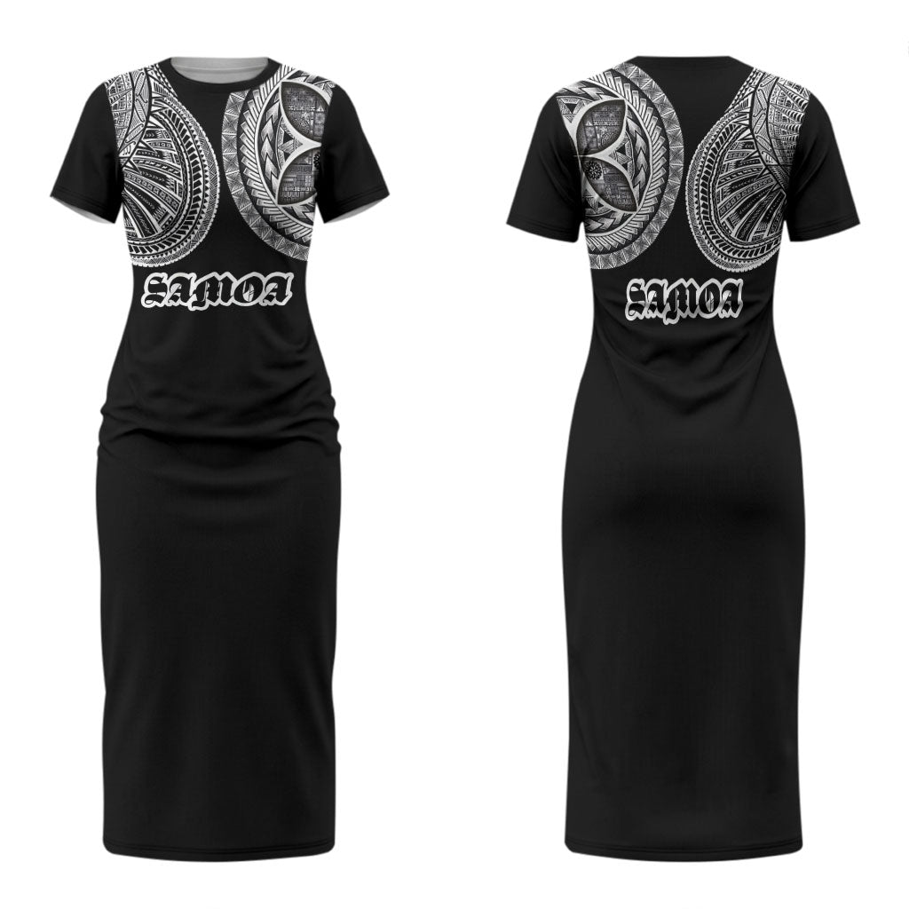 Samoa Traditional Tattoo Family Matching Short Sleeve Bodycon Dress and Hawaiian Shirt Tribal Tatau Pattern LT03 Mom's Dress Black - Polynesian Pride