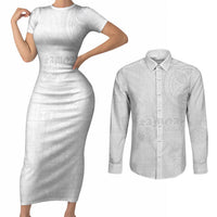 Samoa Lotu Tamaiti Couples Matching Short Sleeve Bodycon Dress and Long Sleeve Button Shirt Tribal Tatau with Siapo Pattern LT03 White - Polynesian Pride