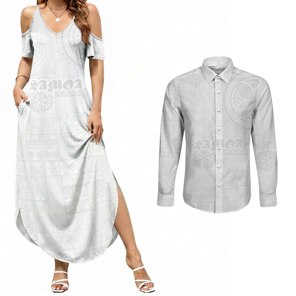 Samoa Lotu Tamaiti Couples Matching Summer Maxi Dress and Long Sleeve Button Shirt Tribal Tatau with Siapo Pattern LT03 White - Polynesian Pride