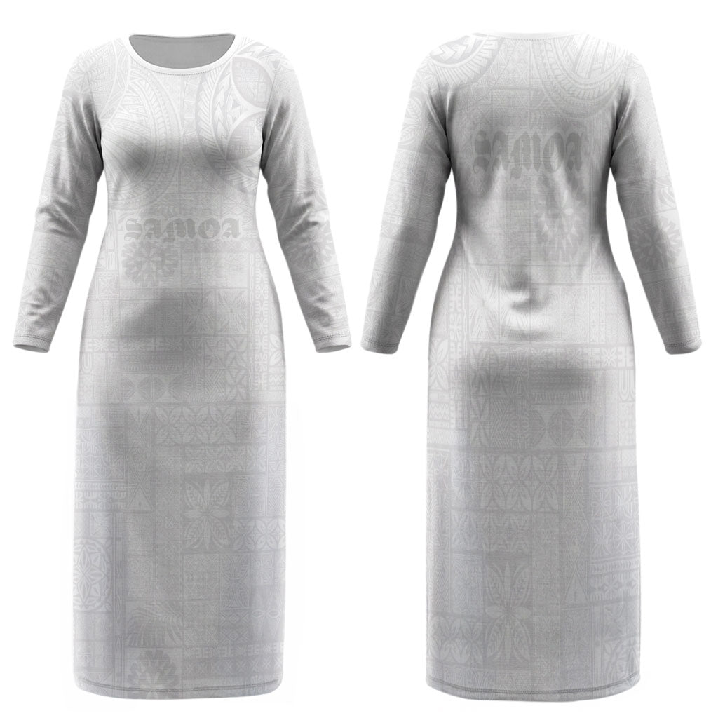 Samoa Lotu Tamaiti Family Matching Long Sleeve Bodycon Dress and Hawaiian Shirt Tribal Tatau with Siapo Pattern LT03 Mom's Dress White - Polynesian Pride