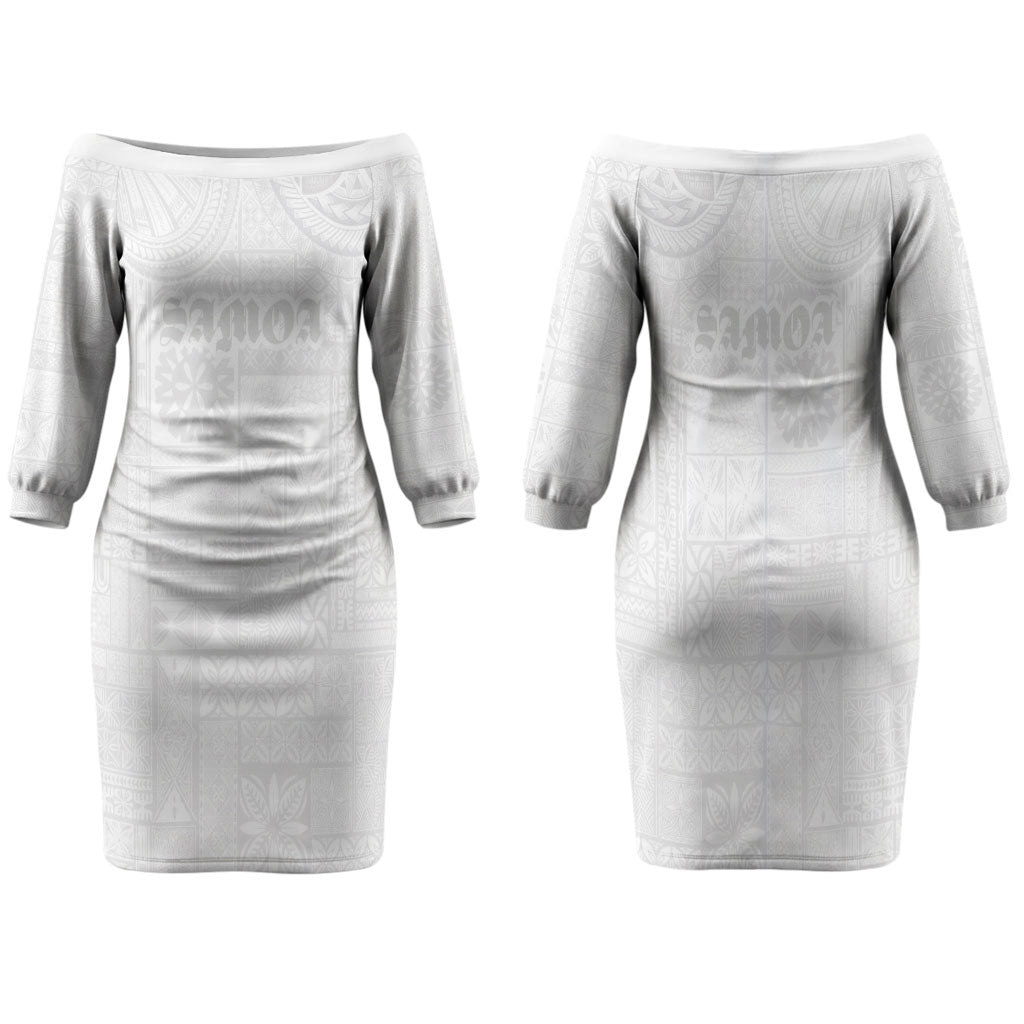 Samoa Lotu Tamaiti Family Matching Off The Shoulder Long Sleeve Dress and Hawaiian Shirt Tribal Tatau with Siapo Pattern LT03 Mom's Dress White - Polynesian Pride