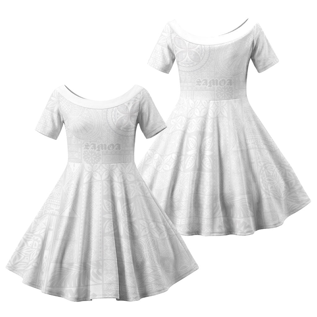Samoa Lotu Tamaiti Family Matching Off The Shoulder Long Sleeve Dress and Hawaiian Shirt Tribal Tatau with Siapo Pattern LT03 Daughter's Dress White - Polynesian Pride